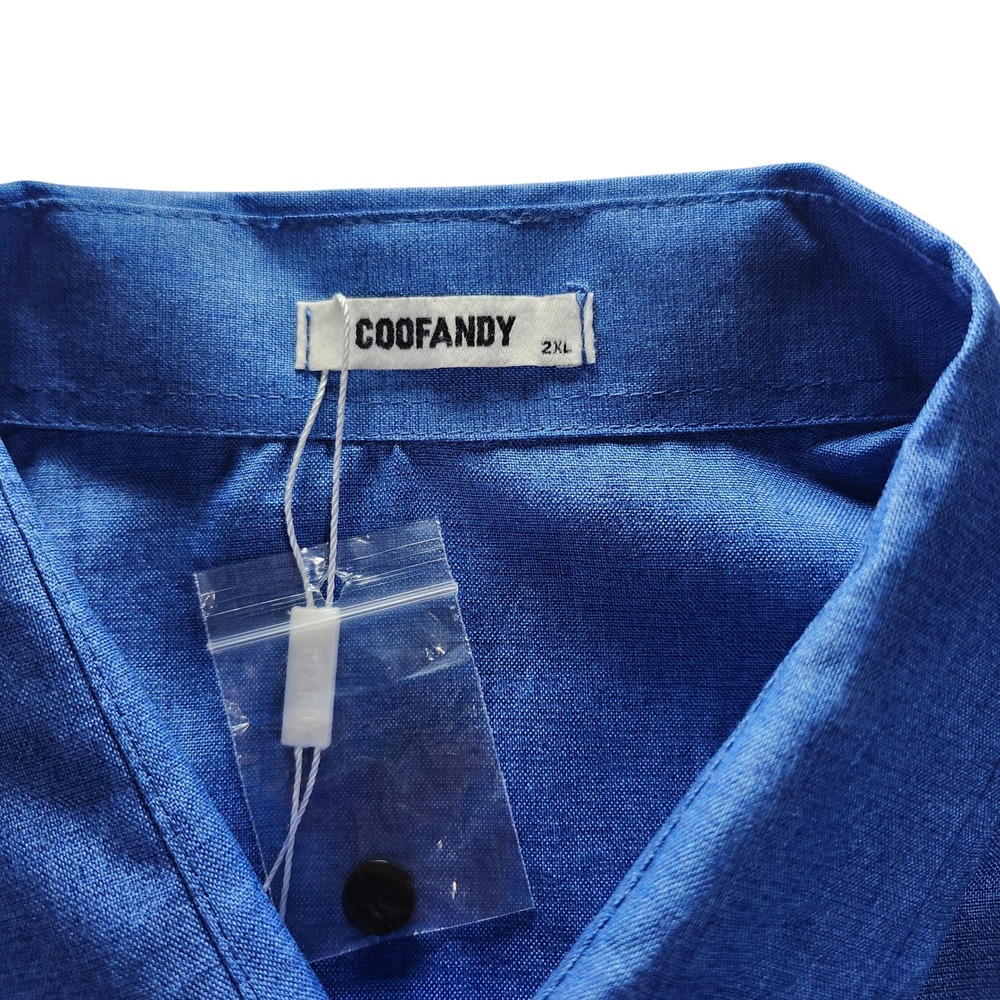 COOFANDY Button Down Shirt Men 2XL Blue New Short Sleeve Textured Hidden Placket - Picture 3 of 11